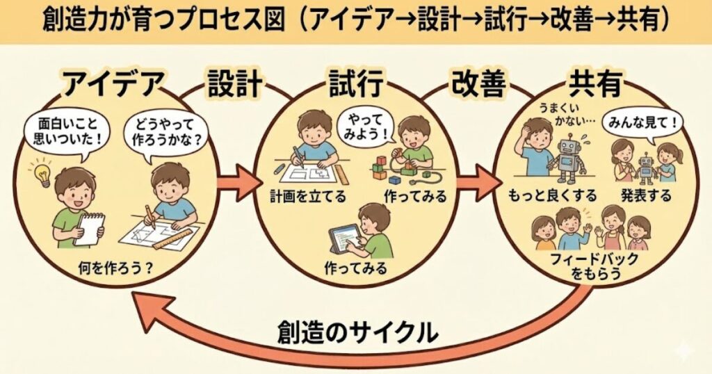 ※ここに図解を挿入：「創造力が育つプロセス図（アイデア→設計→試行→改善→共有）」