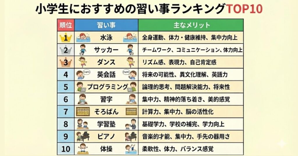 小学生におすすめの習い事ランキングTOP10一覧