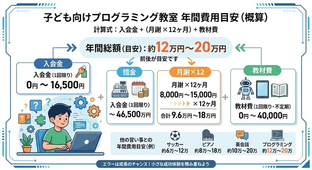 ▶子ども向けプログラミング教室の年間費用目安（入会金＋月謝×12＋教材費）